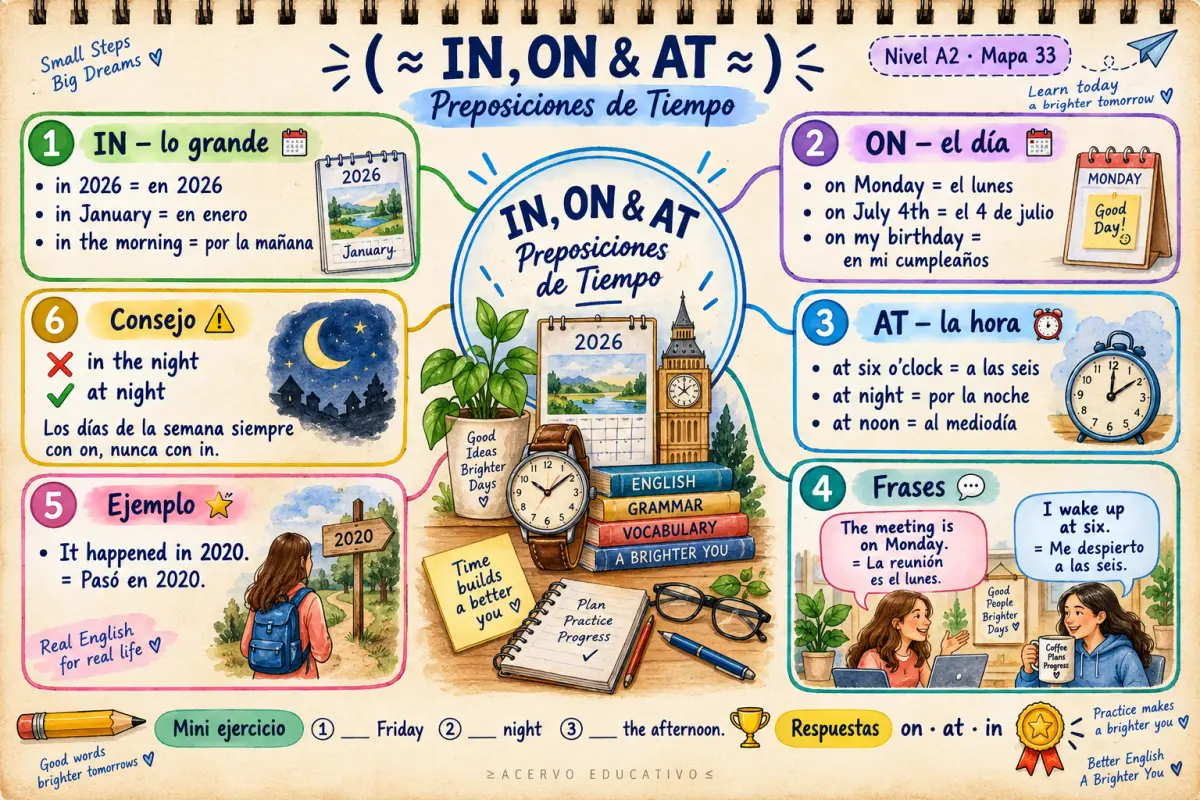 Mapa mental - Preposiciones de tiempo — in, on y at (A2)
